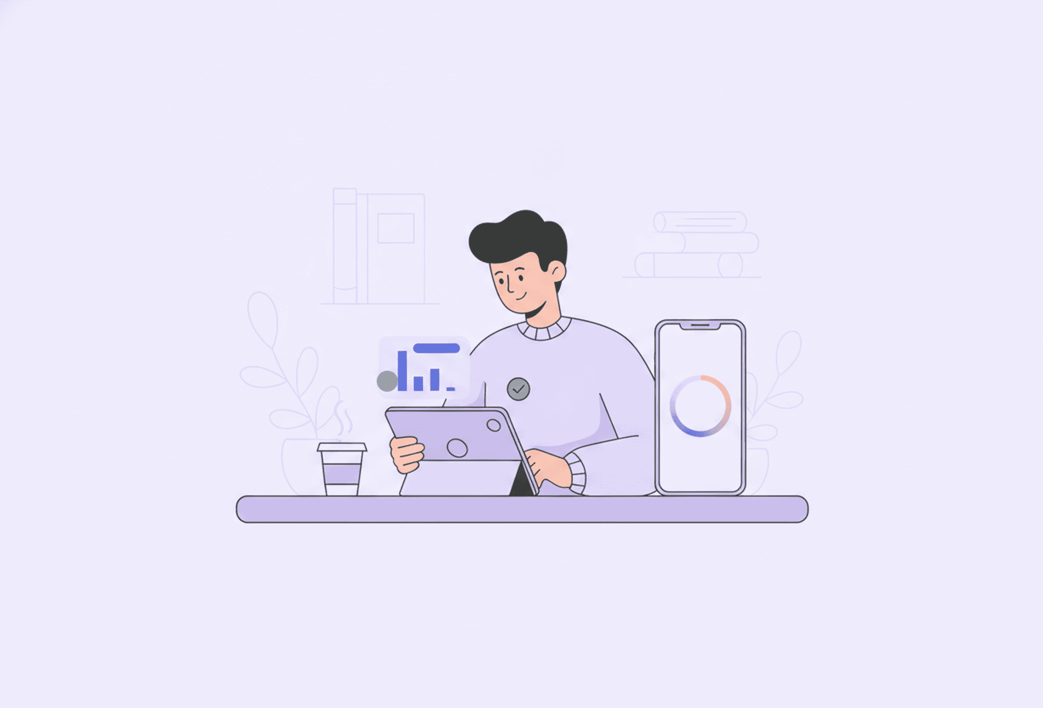 Illustration: a person working with focus while the phone's countdown ring shows the time remaining.