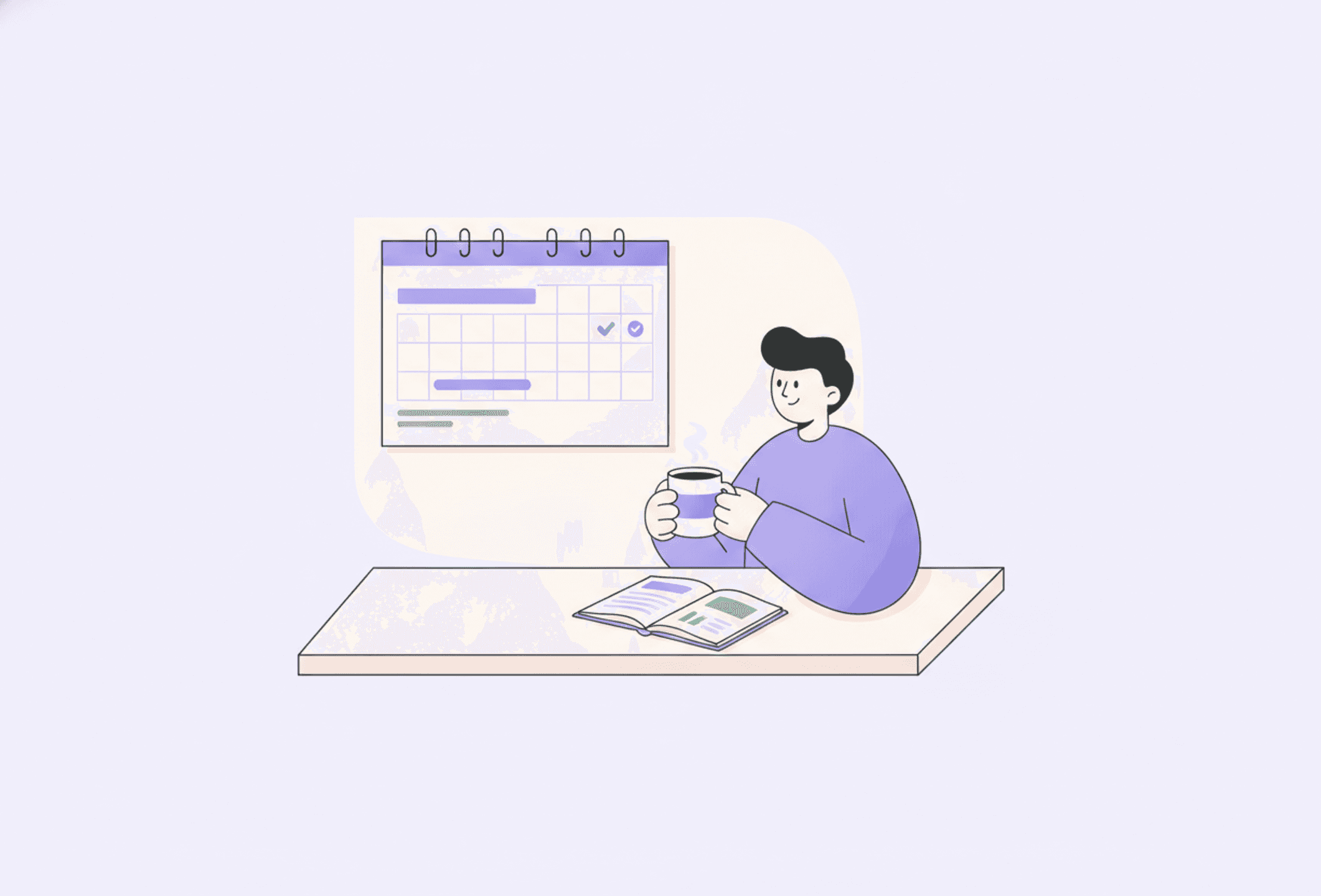 A person calmly reviewing a monthly wall calendar and a notebook with a coffee at a tidy table.