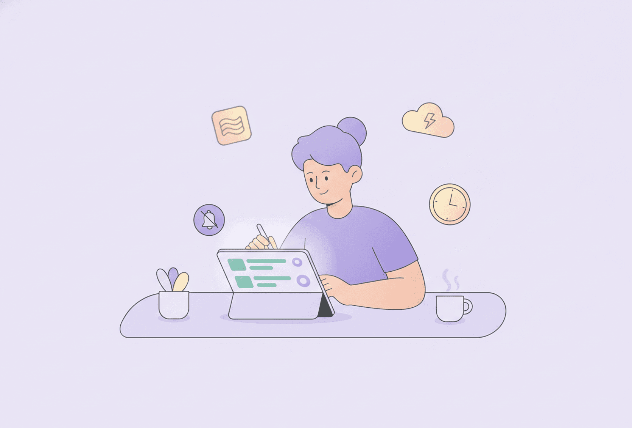 A calm person focuses on a single task at a tidy desk while a silenced phone and distractions fade away.