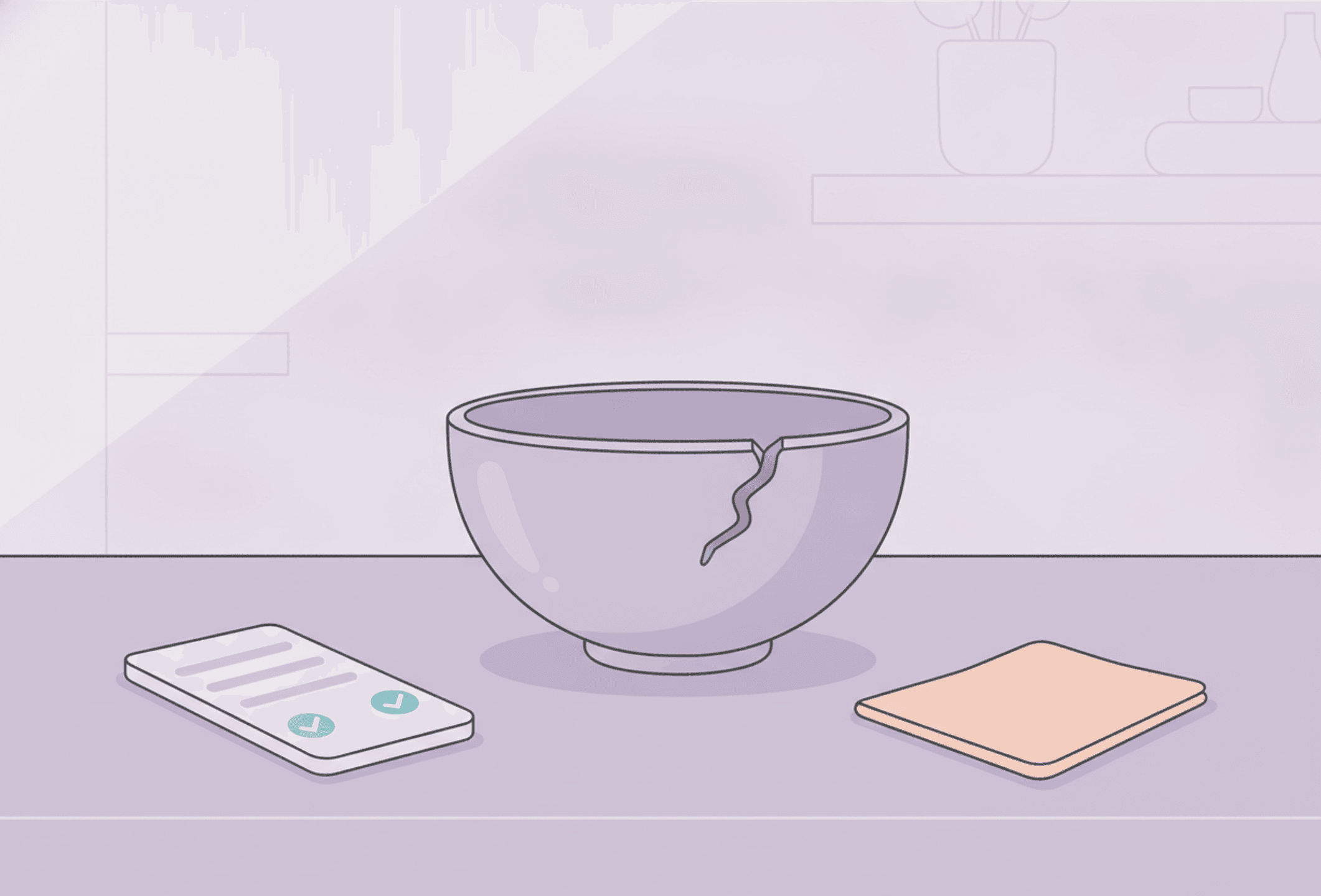 A simple ceramic bowl with one visible mended seam, finished and useful rather than flawless.