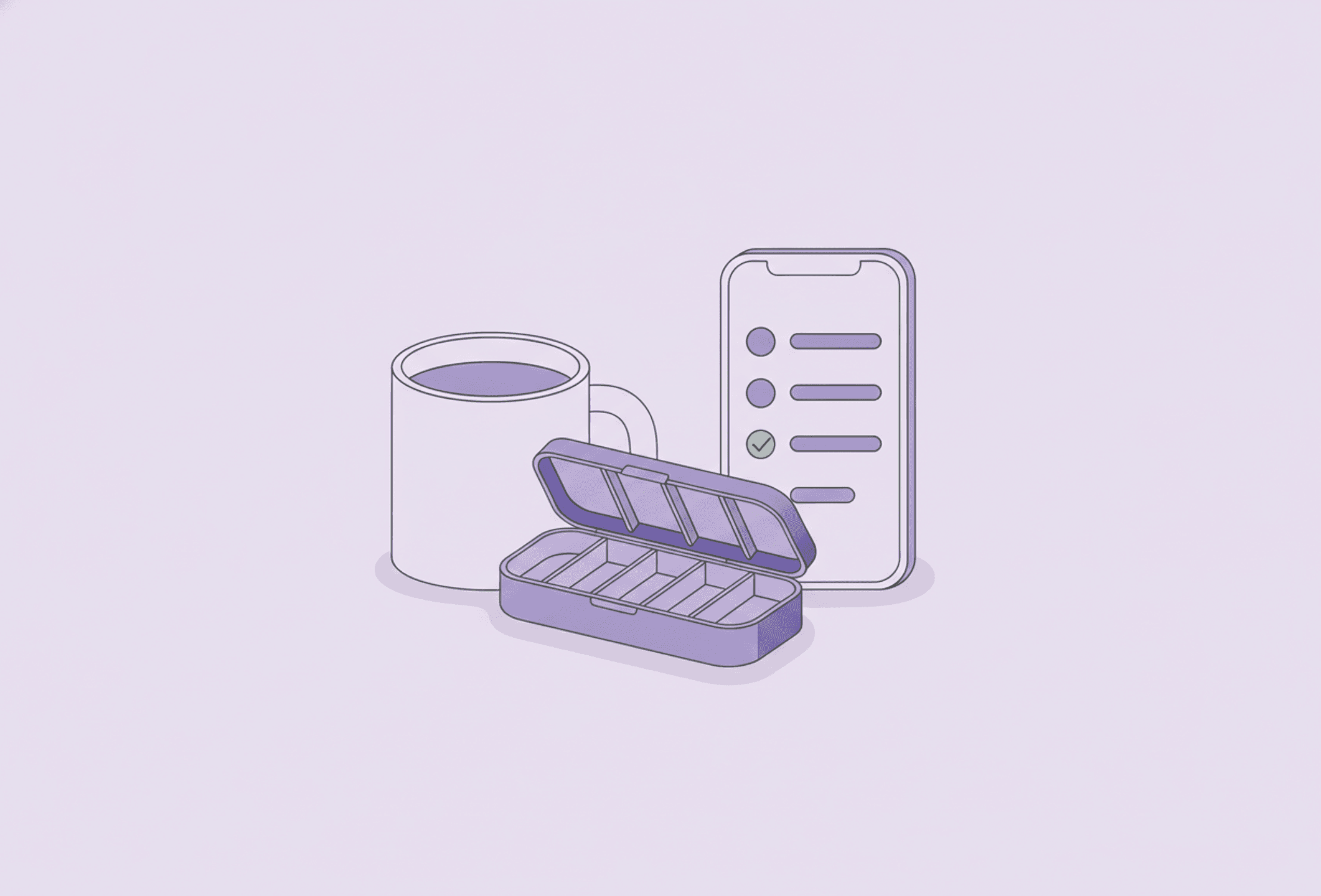 A small weekly box with open compartments on a kitchen counter, next to a mug and a phone showing a checklist.