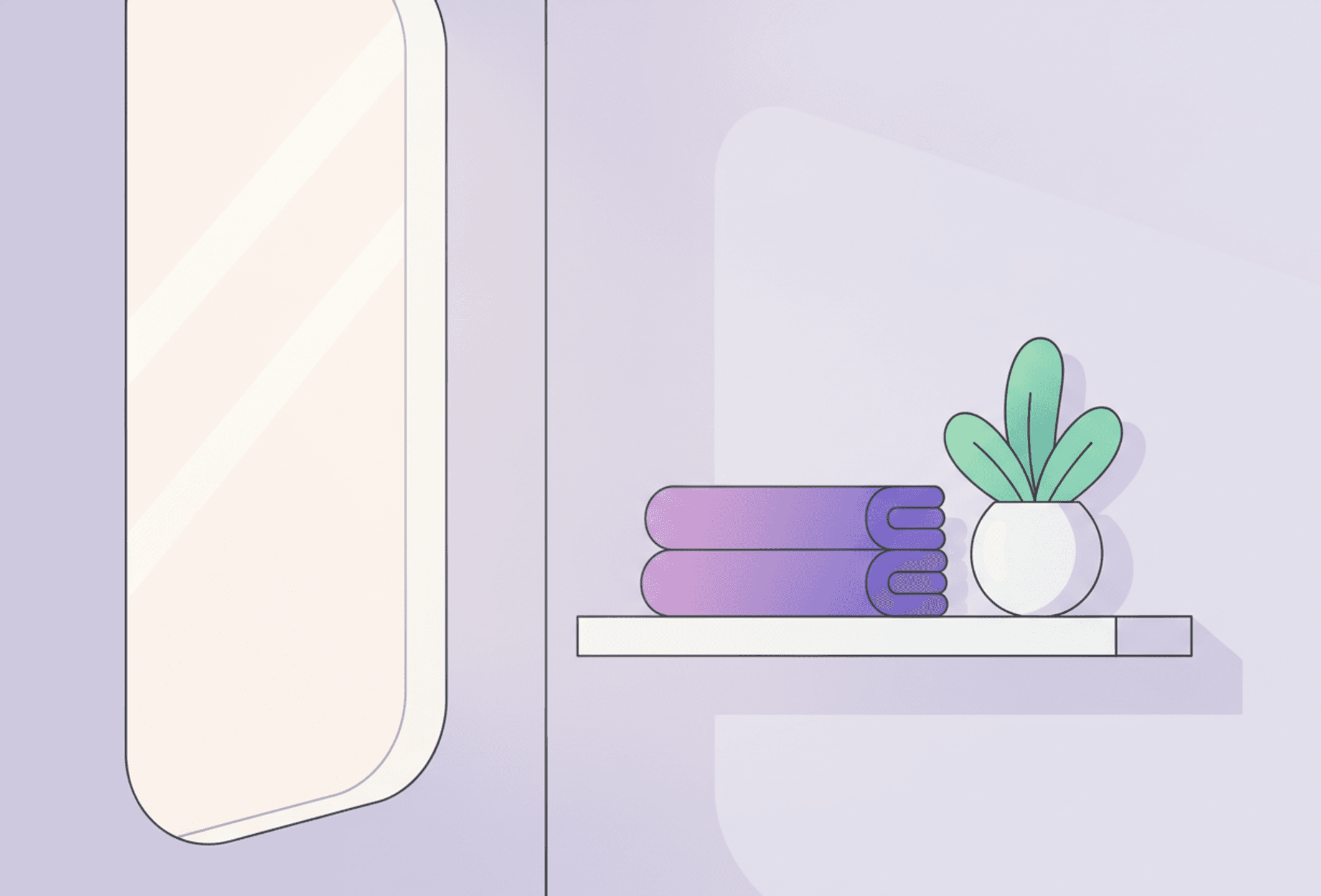 Un rincón de baño tranquilo con una toalla doblada, una planta pequeña y luz cálida de la mañana, dispuesto para que la rutina resulte fácil.