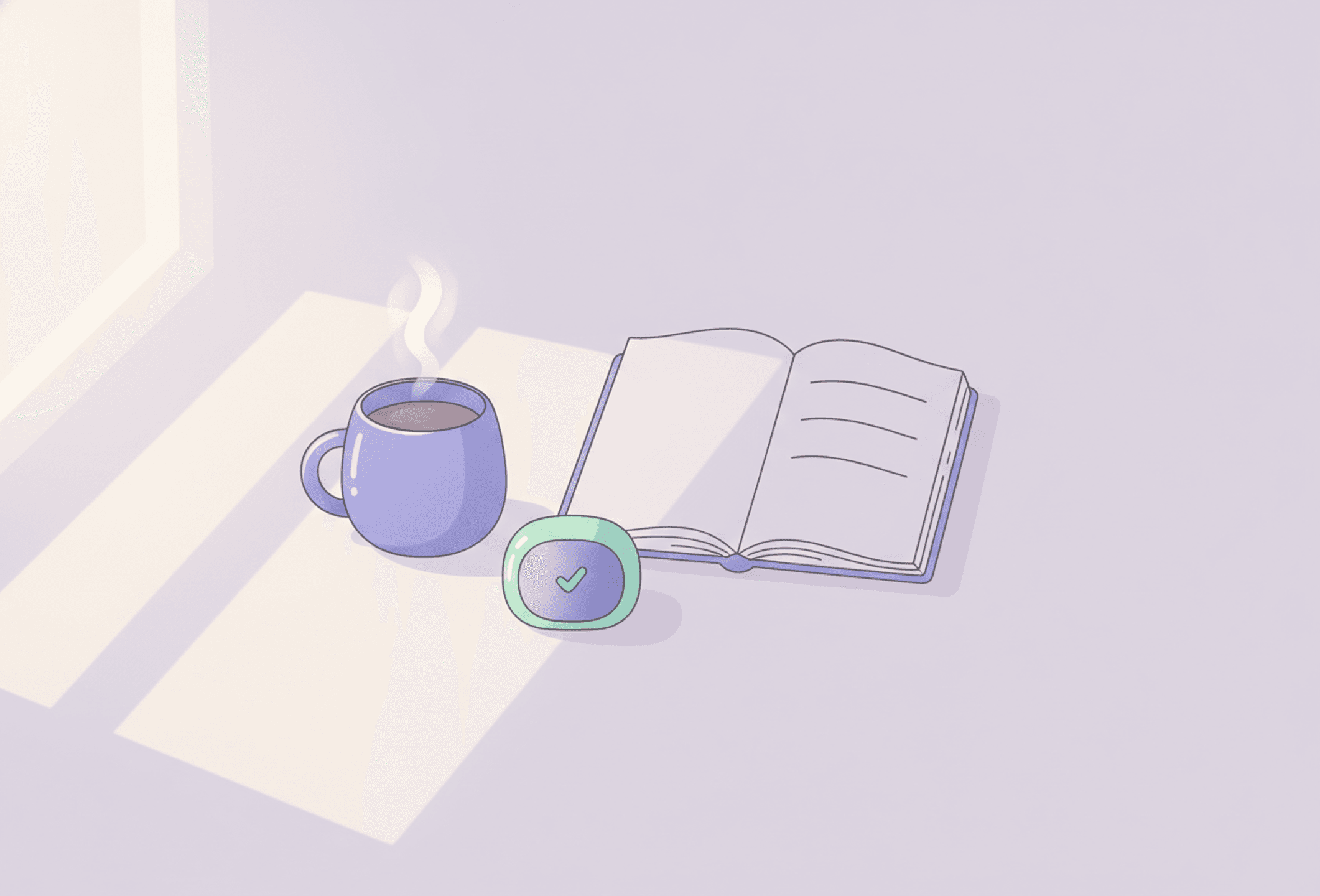A desk with a mug, an open notebook showing three short blank lines and a small timer in soft morning light.