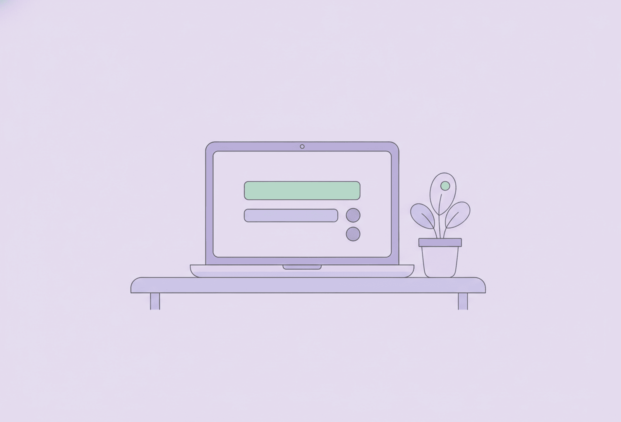 A laptop on a clear desk showing one calm window beside a small plant, the opposite of eighty-seven tabs and a full downloads folder.