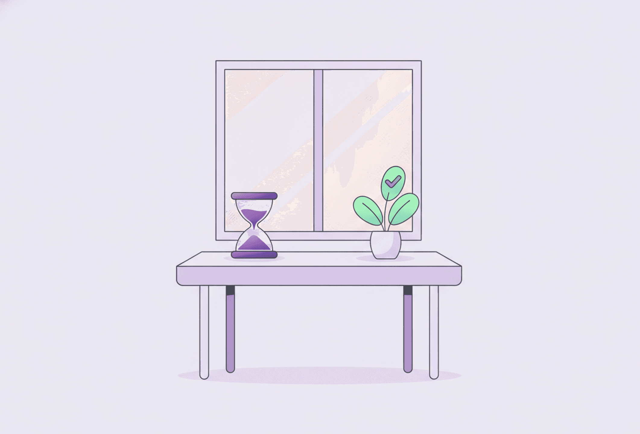 A quiet desk by a window with soft daylight, a sand glass and a small plant, suggesting time made visible rather than counted.