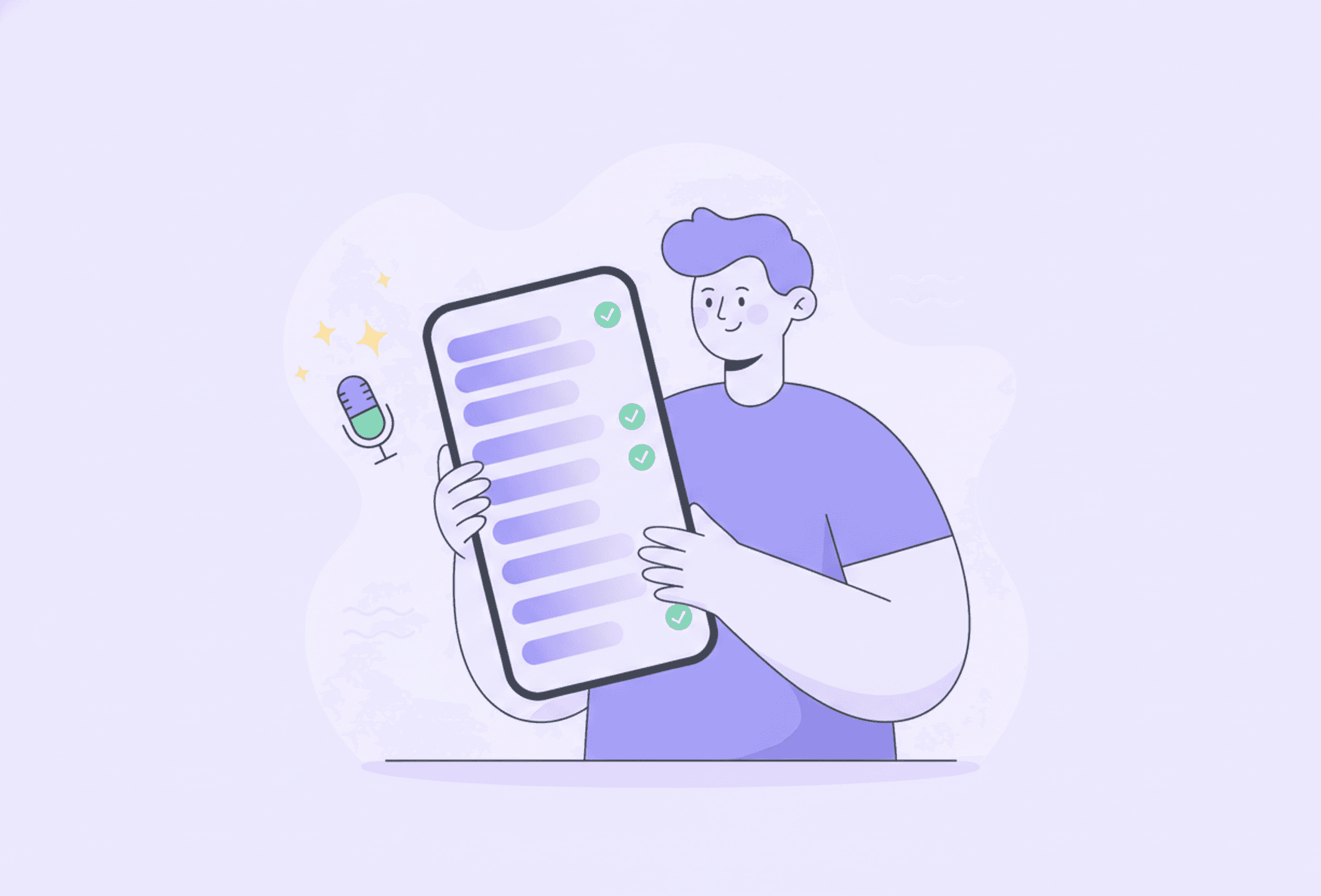 Illustration: a single sentence turns into a clear checklist with the help of AI and voice.