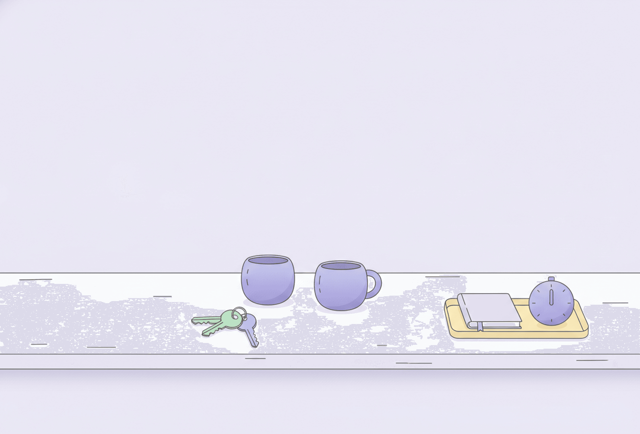 A shared kitchen counter with two mugs and a set of keys, and a small tray keeping one notebook and timer separate.