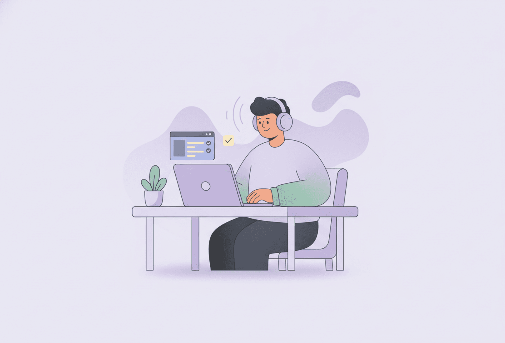 A person working calmly with headphones on at a tidy desk, soft sound-wave shapes drifting gently around them.