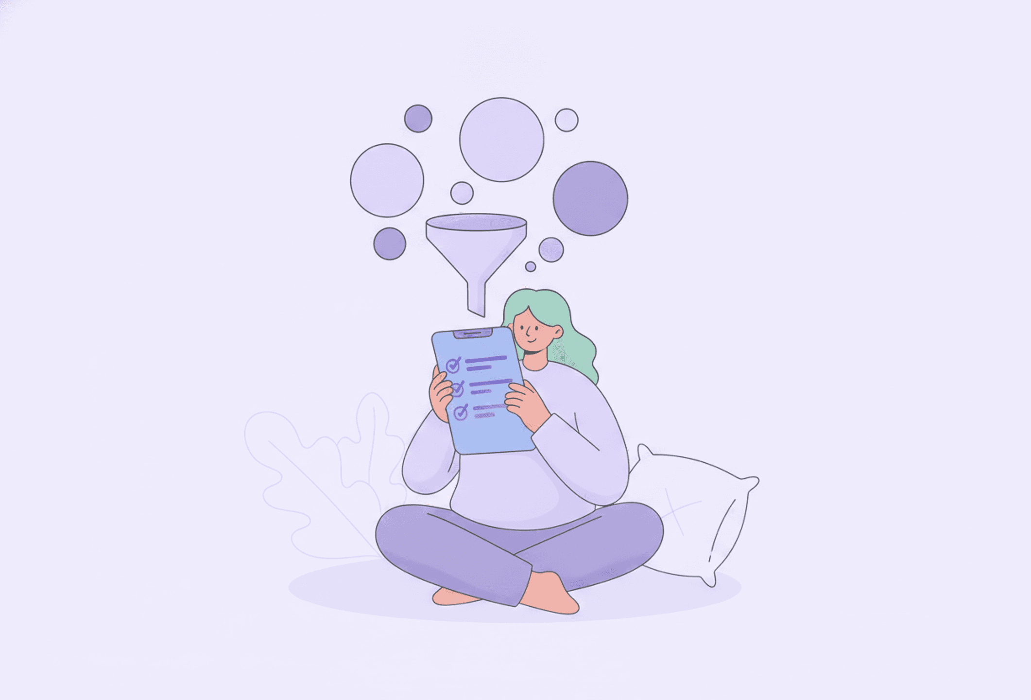 Illustration: a calm person gathering their scattered thoughts into a clear list on their phone.