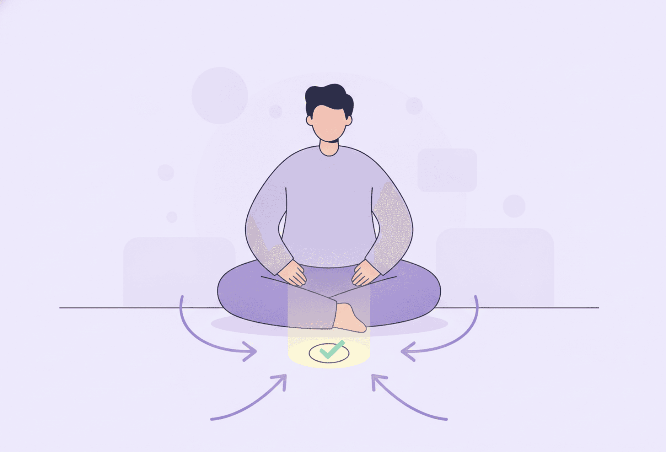 A person sitting still and frozen while gentle arrows point toward one small first step lighting up.