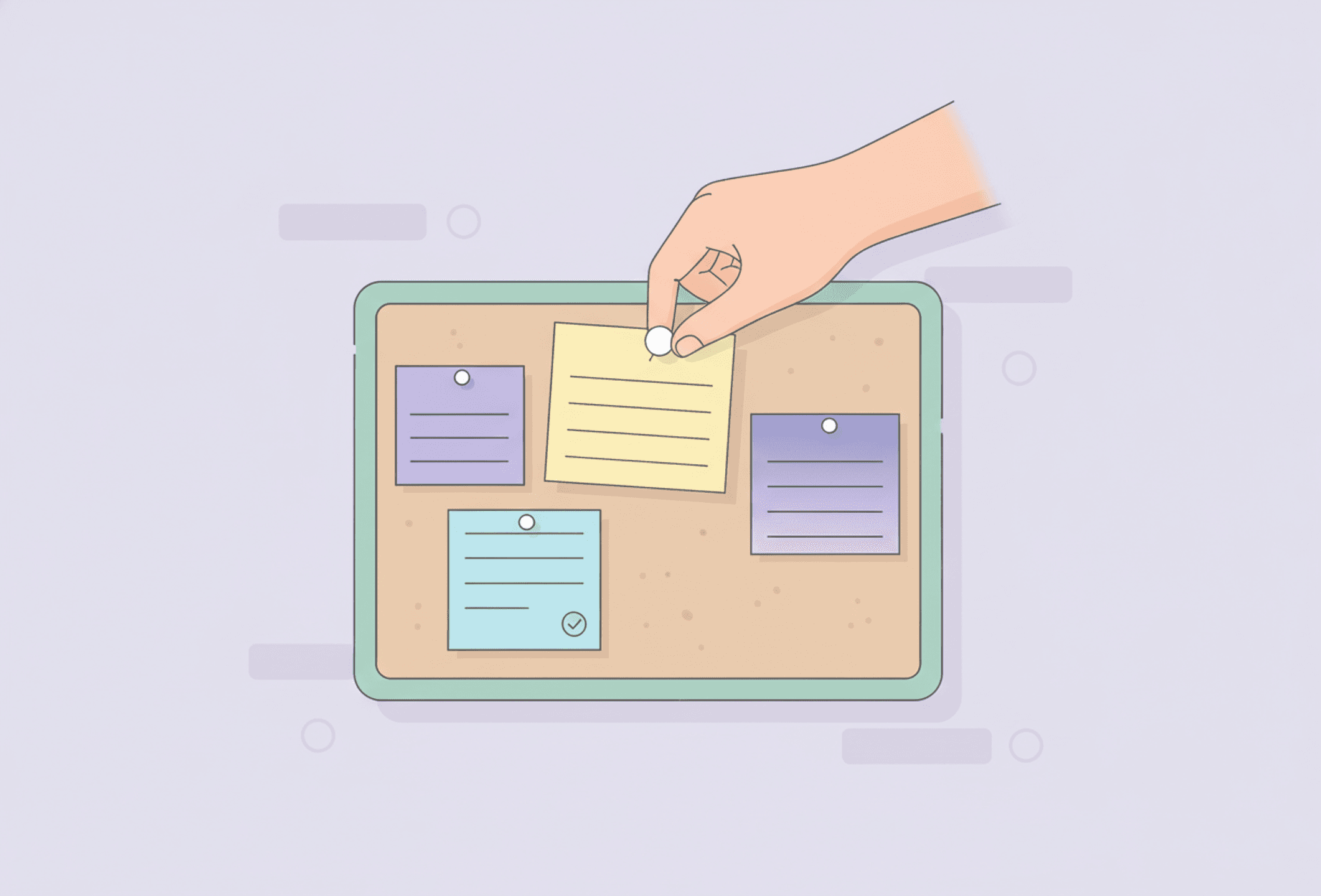 A hand pinning one fresh blank note card onto a small board where three other blank cards are already pinned.