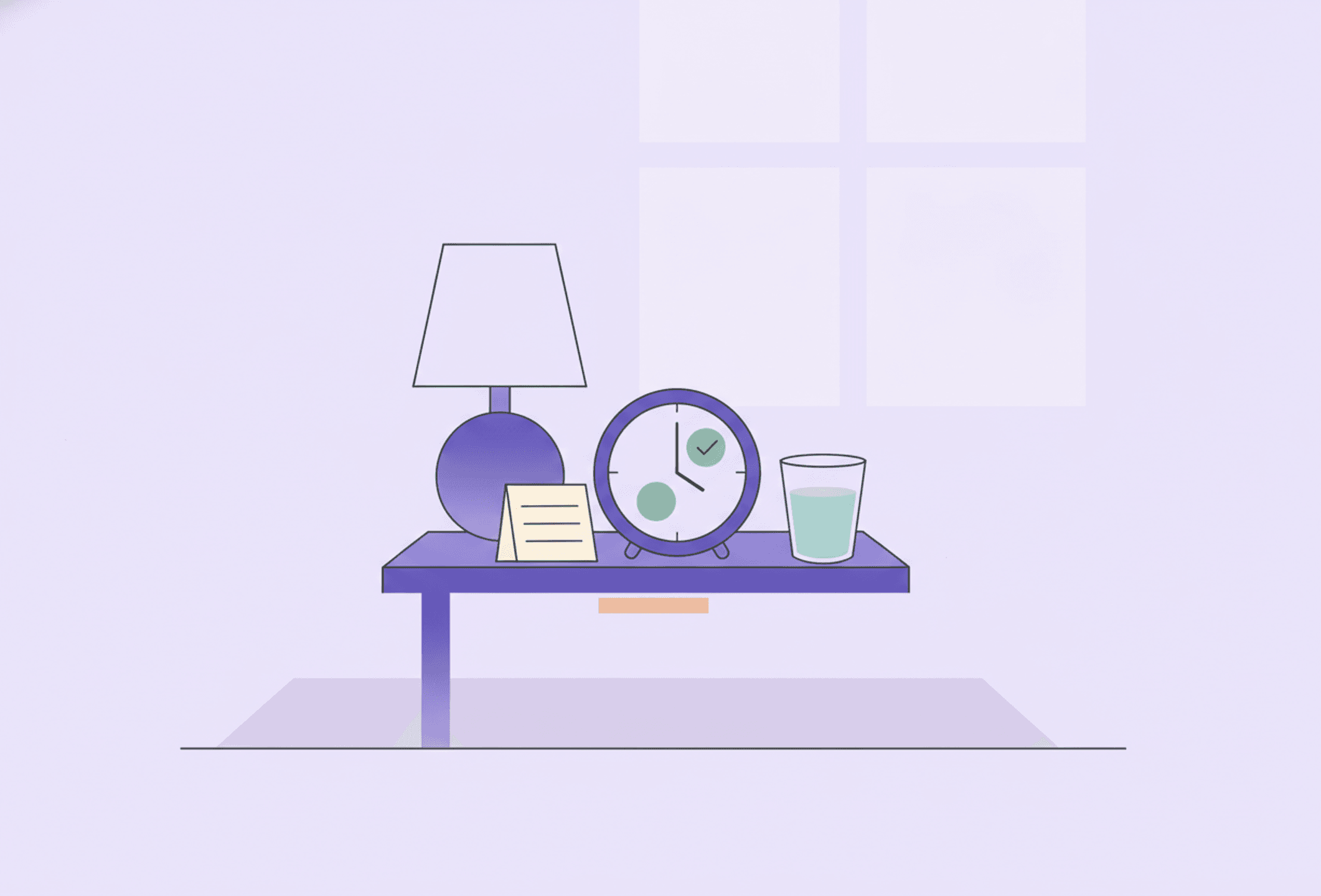 A bedside table in morning light with a small card of blank lines propped against a lamp, a clock and a glass of water.