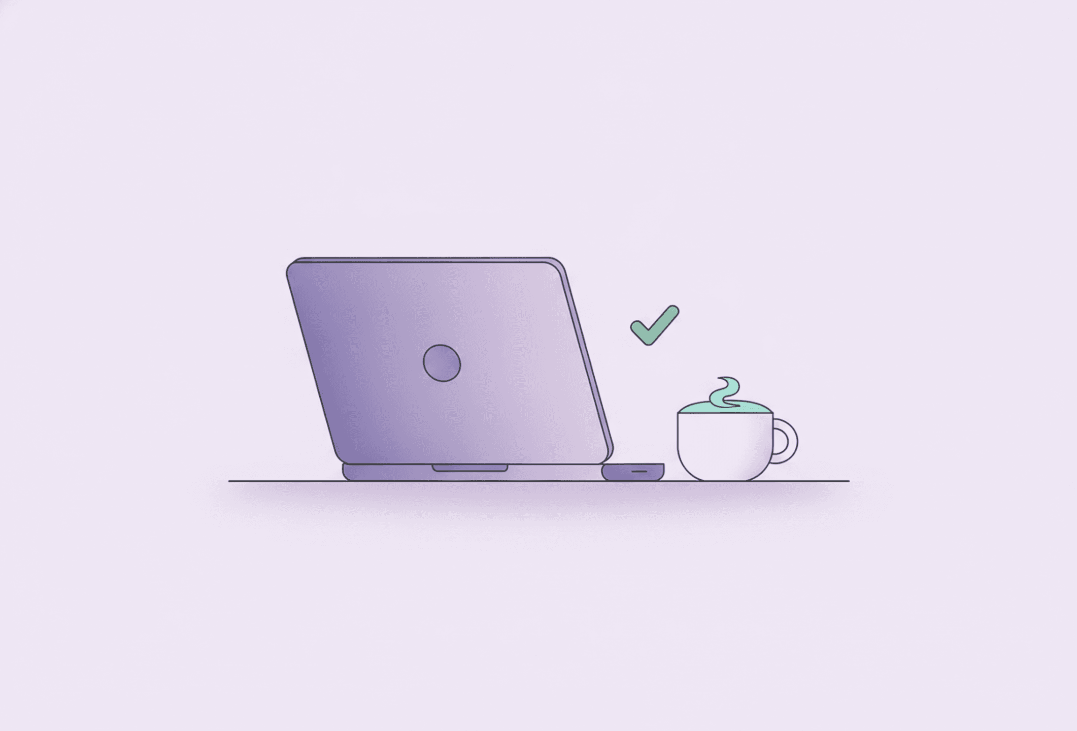 A tidy desk seen from the side with a closed laptop and a mug, the calm end-state a work-from-home day is aiming for.
