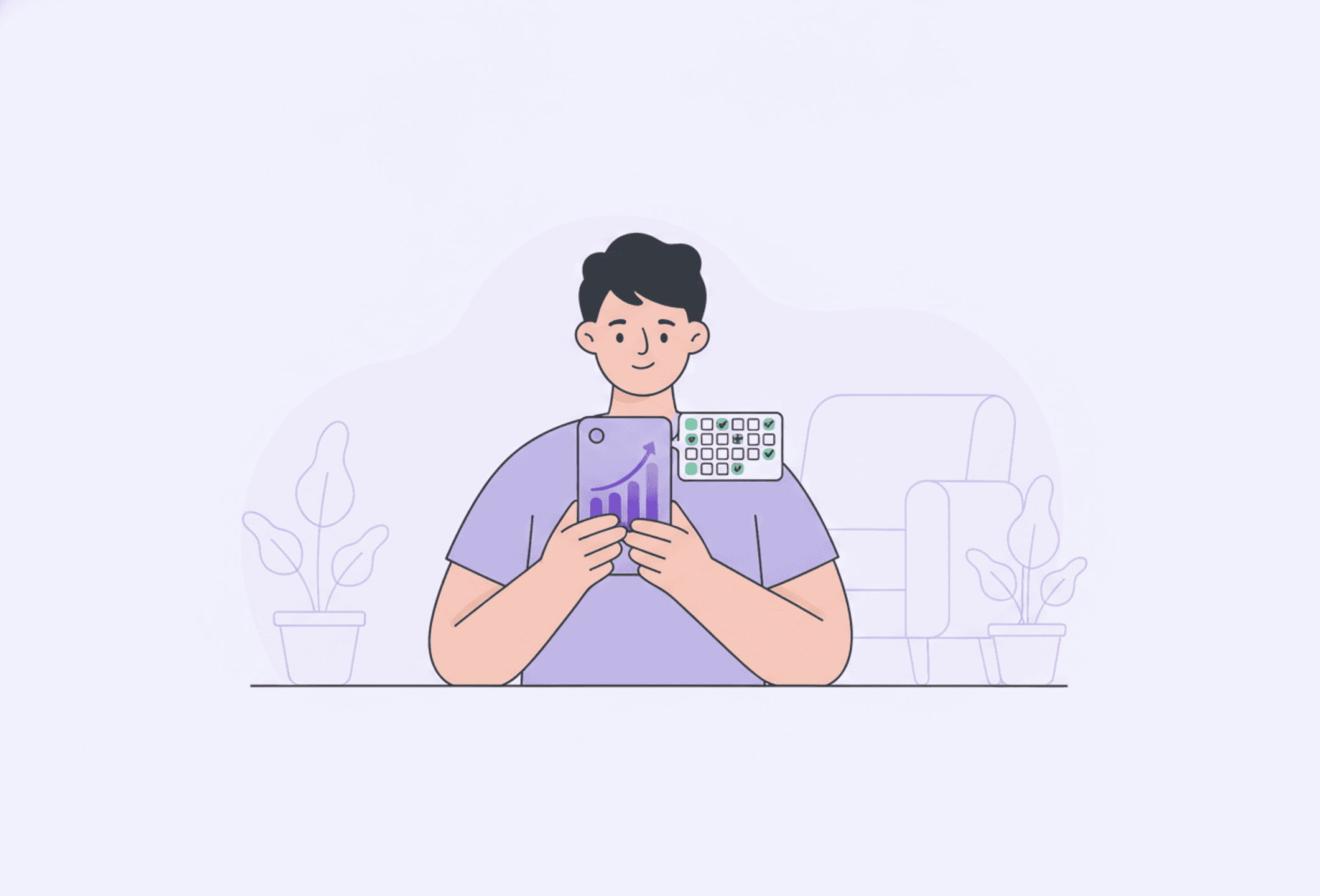 Illustration: a calm overview with rising bar charts and an activity grid.