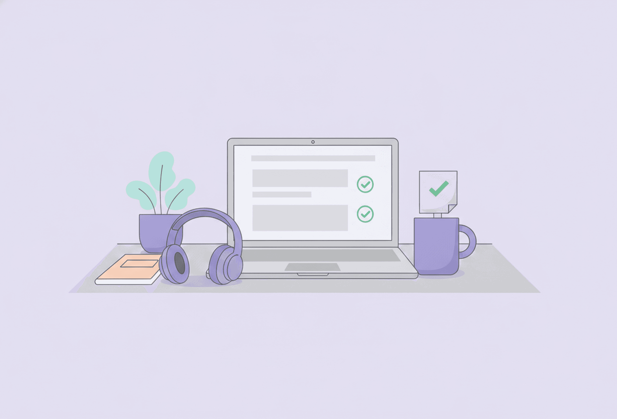 A tidy desk in a shared office with headphones resting beside a laptop and a small paper sign propped against a mug.